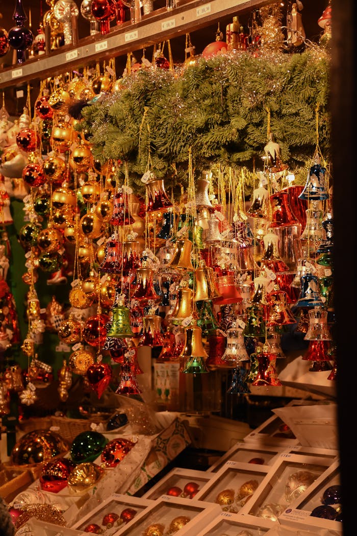 portfolio-02 Vibrant Christmas ornaments and bells on display at a market in Munich, Germany.