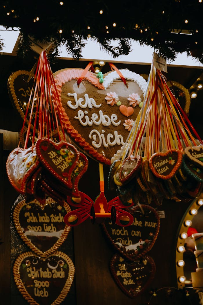 portfolio-04 Colorful gingerbread hearts with German text at a festive Christmas market stall.